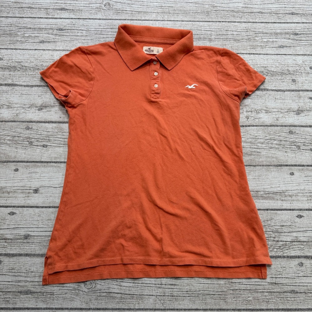 Hollister Polo Shirt Women's Large Orange Regular Fit Pique Short Sleeve Preppy